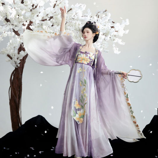 purple Traditional Chinese Tang Dynasty Hanfu Dress with Floral Embroideries