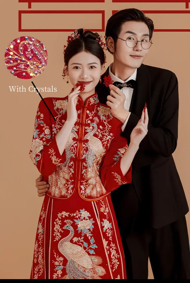 Red Traditional Chinese Wedding Bridal Qun kwa dress with peacock/ pheonx embroidery