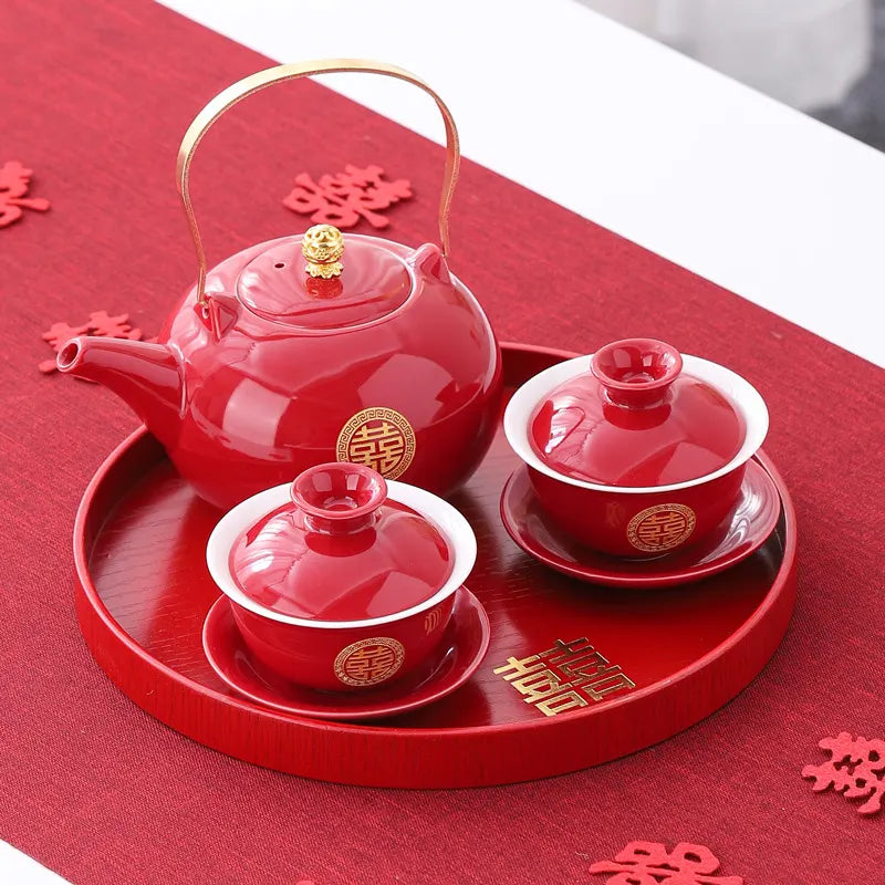 Traditional Chinese Wedding Double Happiness Tea pot Set with gold double happiness  on a red tray