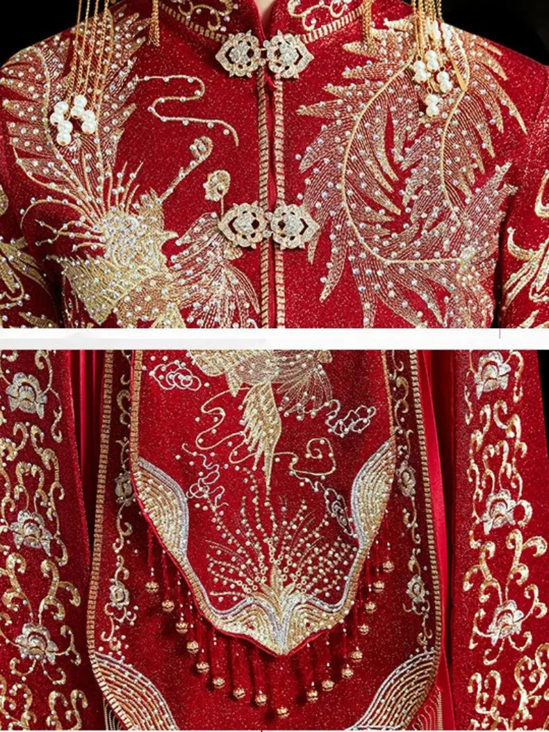 Close-up of an ornate red embroidered traditional garment with gold and silver phoenix motifs, beadwork, and decorative trim.