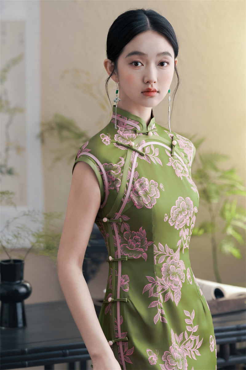 Traditional Green Floral Qi pao Dress