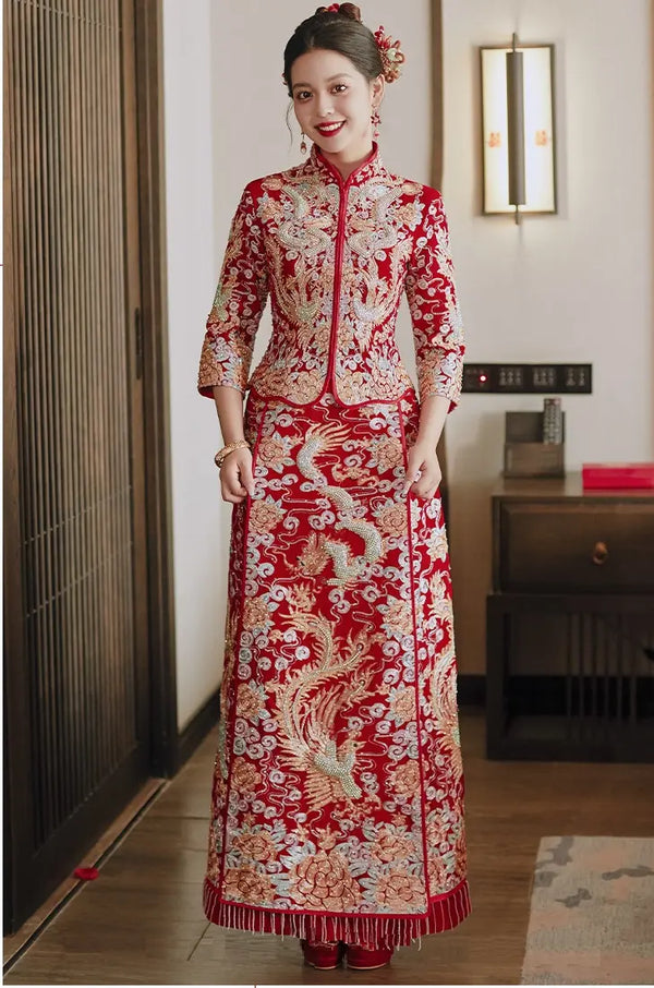 Traditional Red Chinese Wedding dragon pheonix Qun Kwa dress for bride
