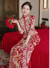 Traditional Red Chinese Wedding dragon pheonix Qun Kwa dress for bride