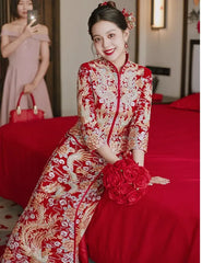 Traditional Red Chinese Wedding dragon pheonix Qun Kwa dress for bride