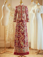 Traditional Red Chinese Wedding dragon pheonix Qun Kwa dress for bride