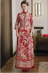 Traditional Red Chinese Wedding dragon pheonix Qun Kwa dress for bride