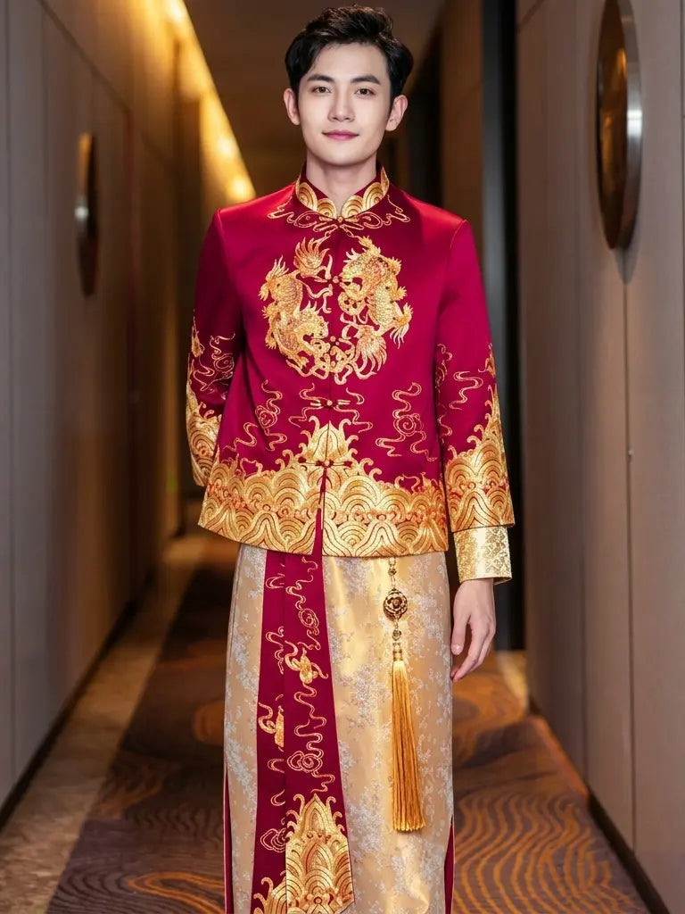 A man wearing a traditional Chinese wedding outfit with a red embroidered jacket and a gold patterned skirt, standing in a hotel hallway.