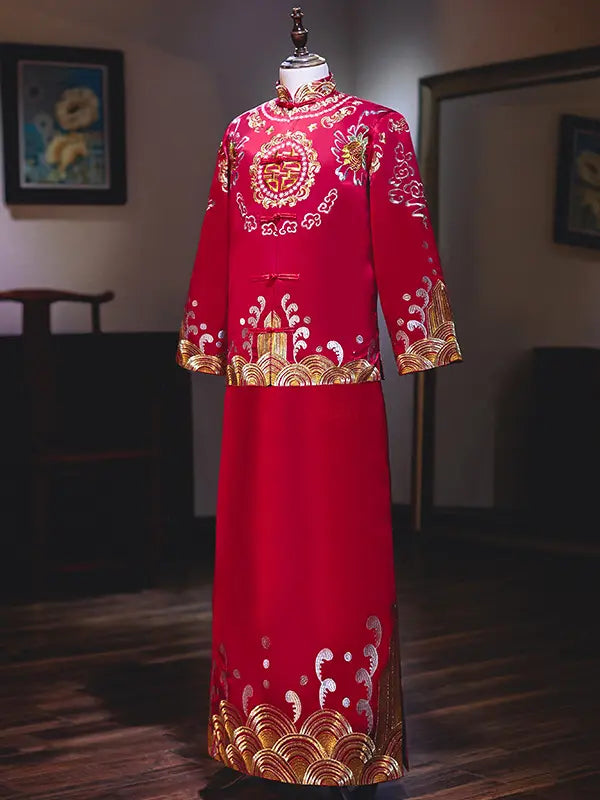 Traditional Red and Gold Double happiness Groom's Tang Suit Gown  embroidered dress on a mannequin against a blurred indoor background