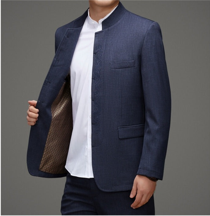 blue Mandarin Collar Men's Chinese Suit 