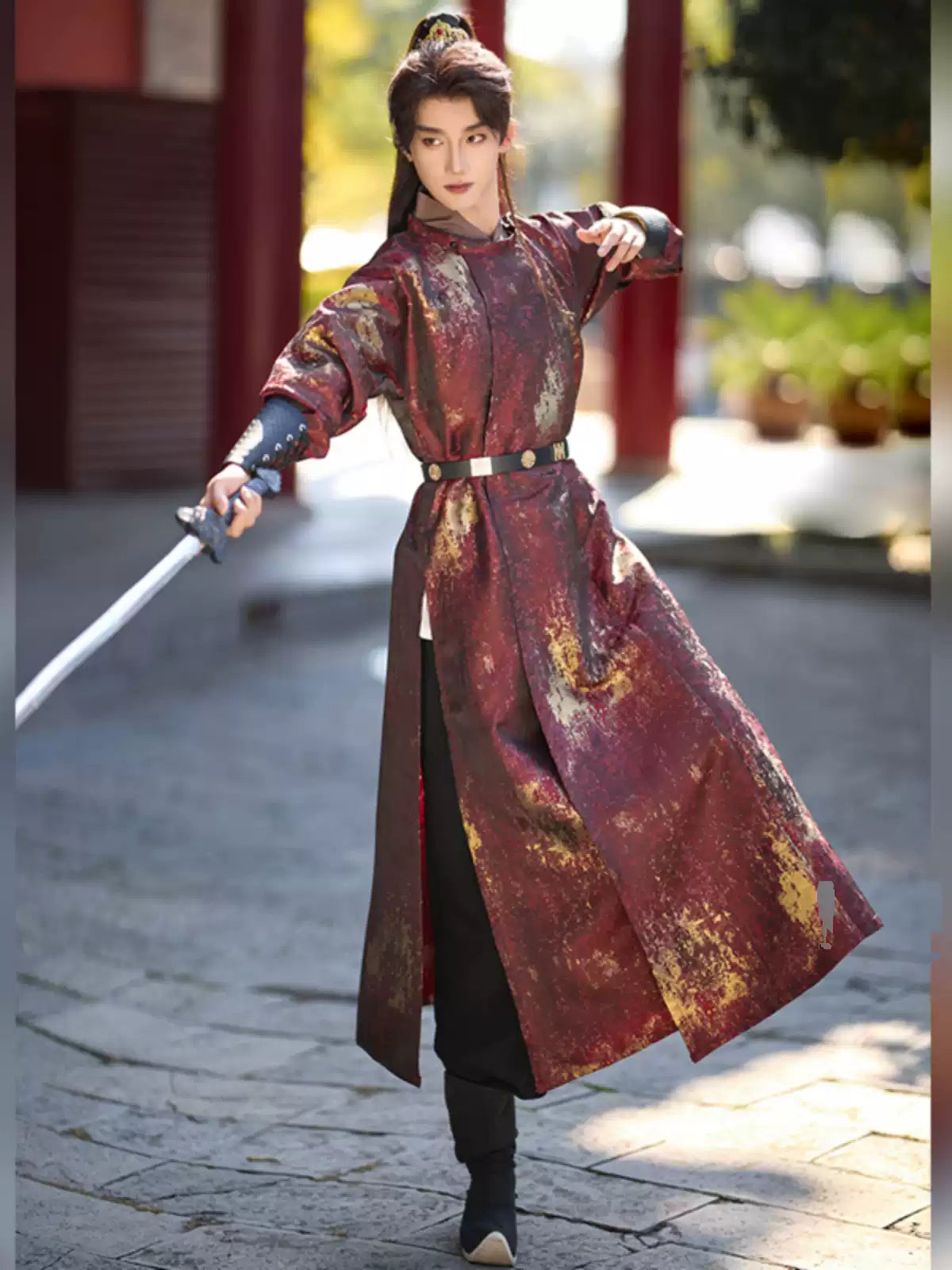 Traditional chinese Red Tang Dynasty  Round Collar Hanfu Robe for men