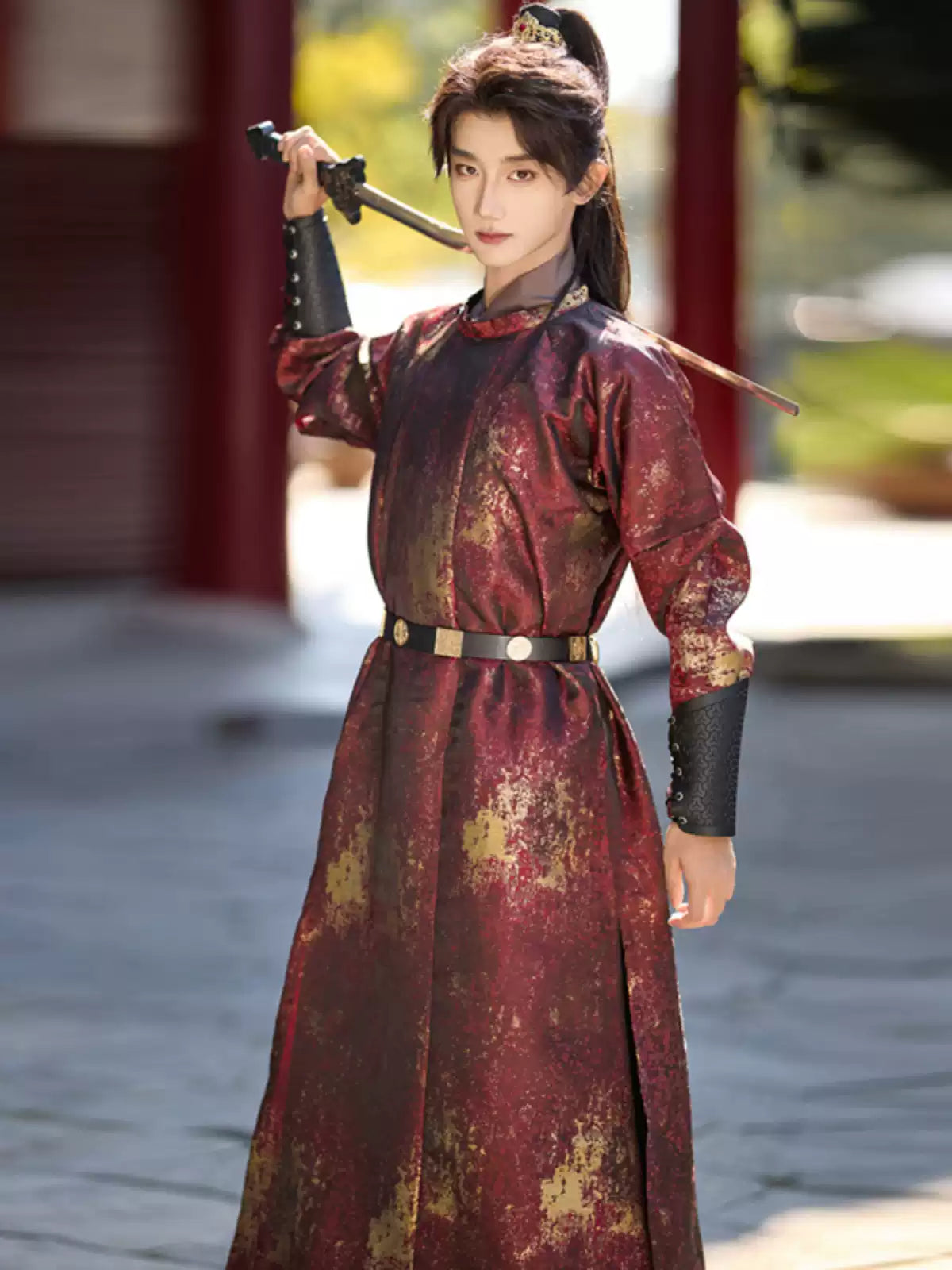 Traditional chinese Red Tang Dynasty  Round Collar Hanfu Robe for men
