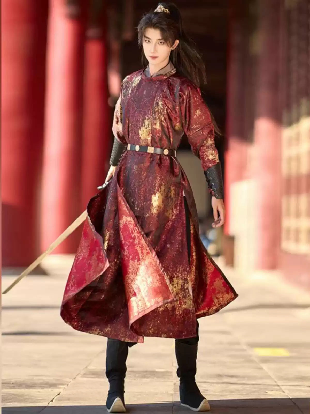 Traditional chinese Red Tang Dynasty  Round Collar Hanfu Robe for men
