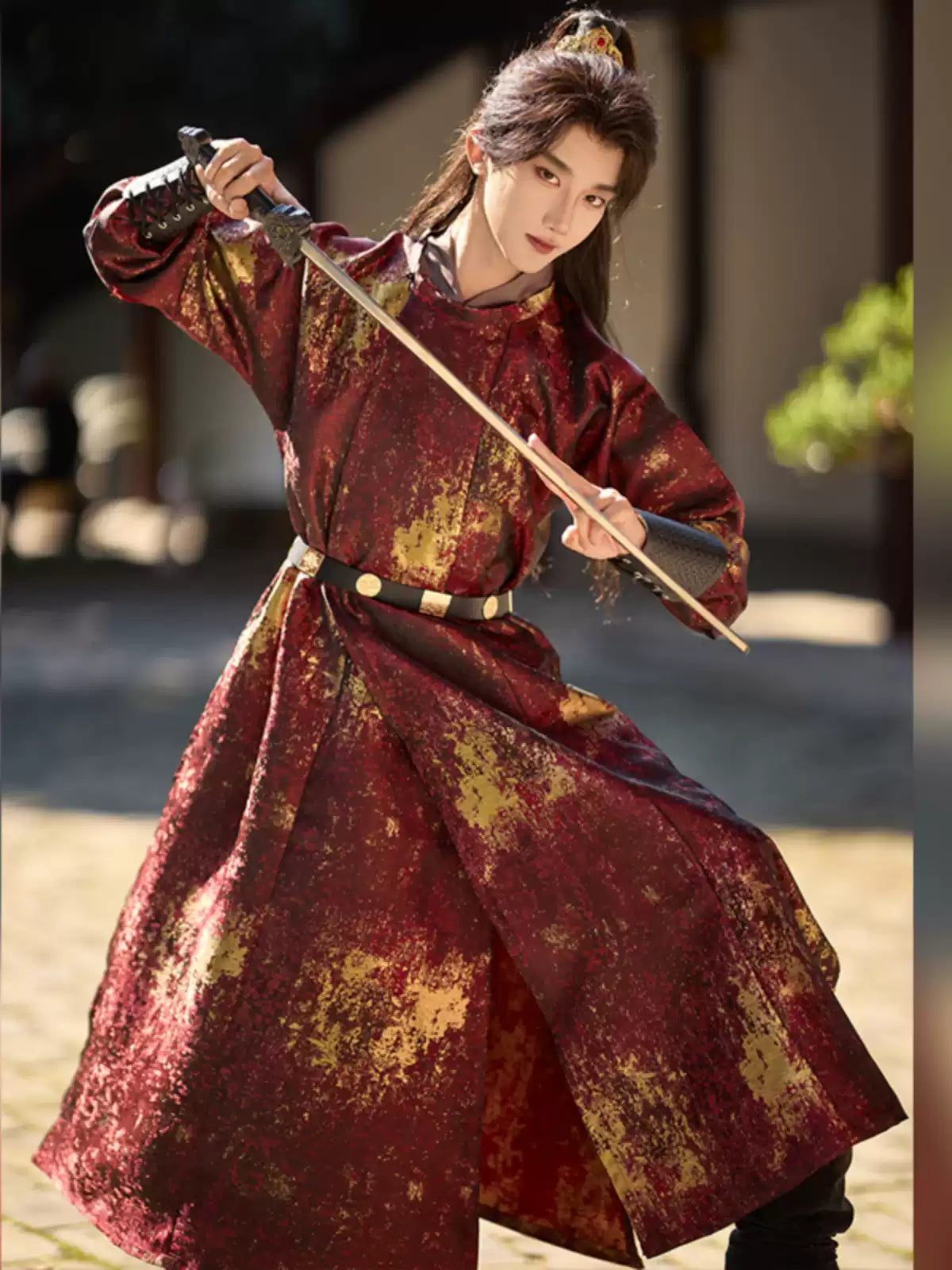 Traditional chinese Red Tang Dynasty  Round Collar Hanfu Robe for men