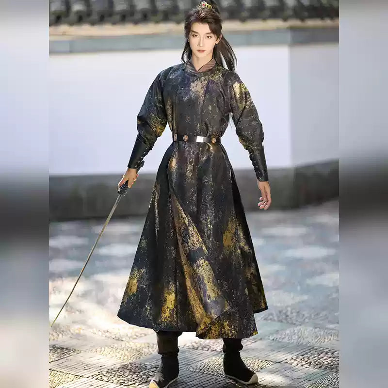 Traditional chinese backTang Dynasty  Round Collar Hanfu Robe for men