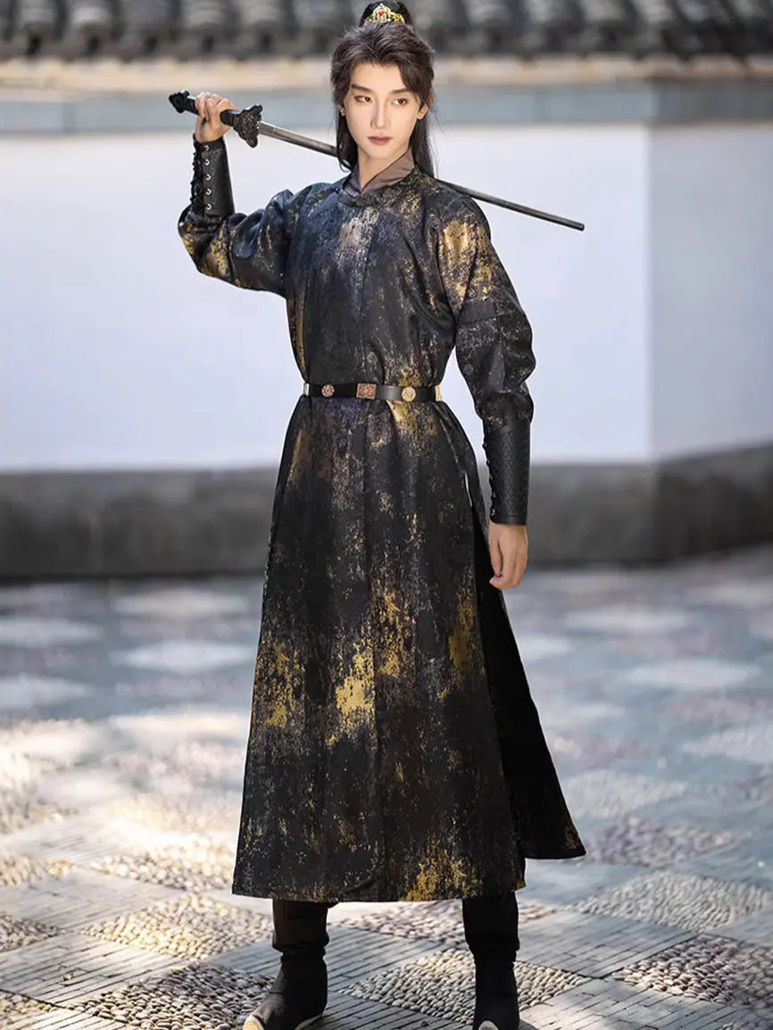 Traditional chinese black Tang Dynasty  Round Collar Hanfu Robe for men