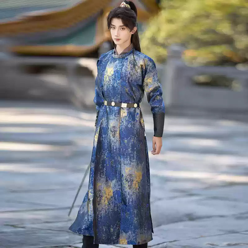 Traditional chinese blue Tang Dynasty  Round Collar Hanfu Robe for men