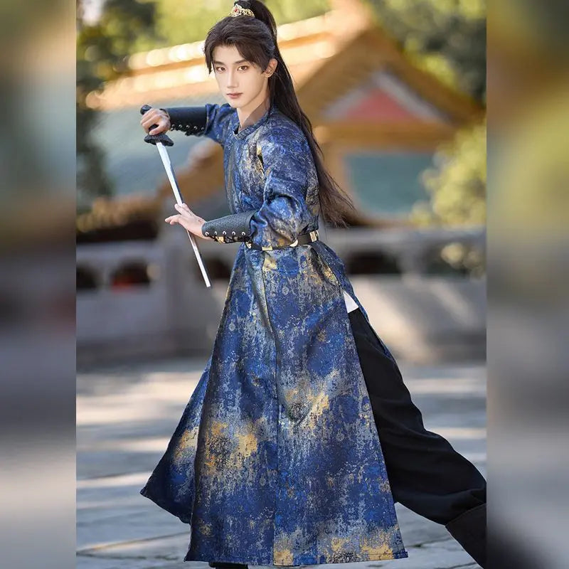 Traditional chinese blue Tang Dynasty  Round Collar Hanfu Robe for men