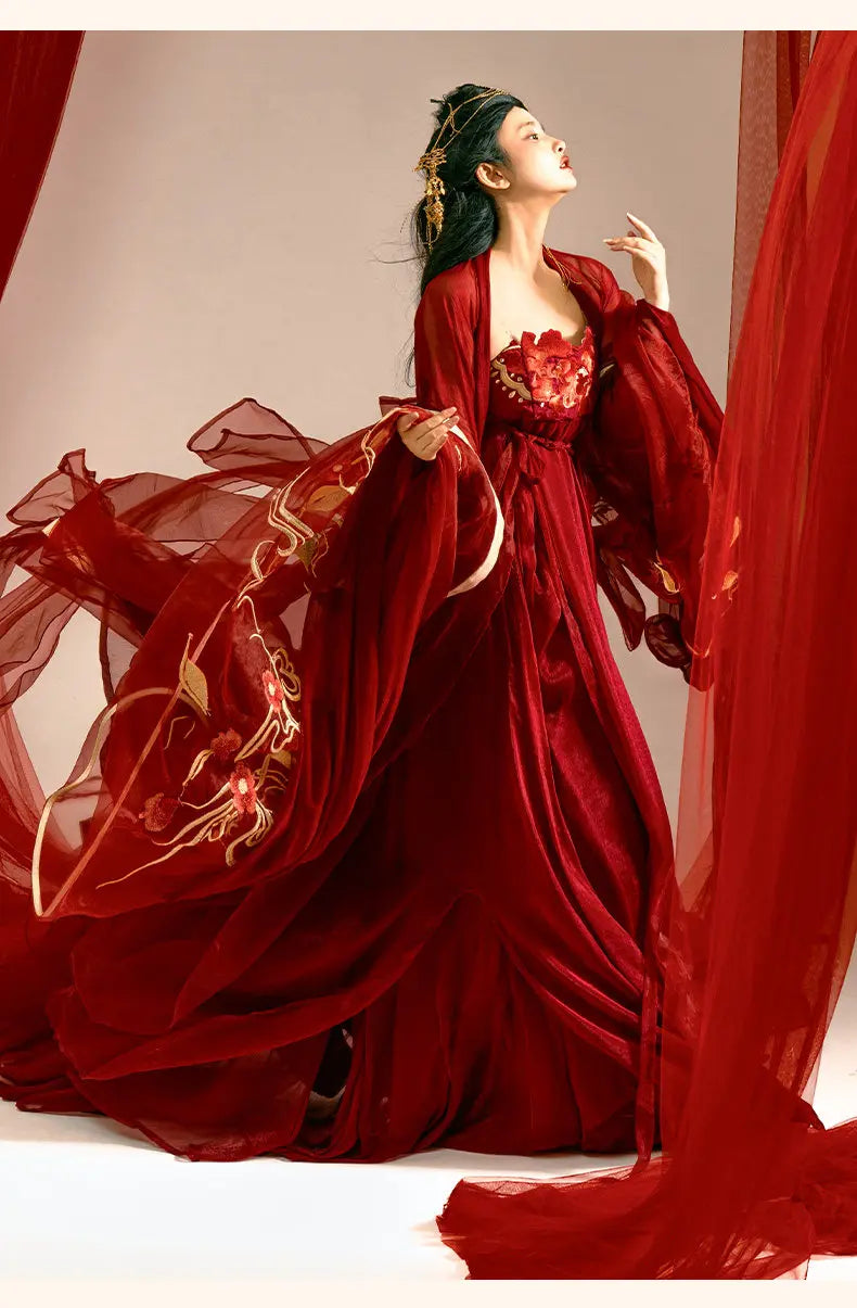 Woman in a Traditonal Chinese Red Embroidered Tang Dynasty Hanfu Set with intricate designs, standing against a plain background.
