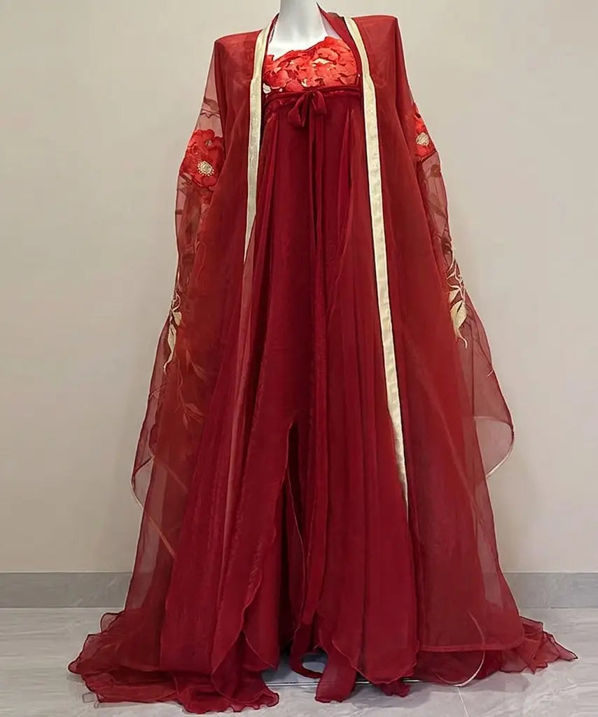 Traditonal Chinese Red Embroidered Tang Dynasty Hanfu Set with floral details on a mannequin against a plain background