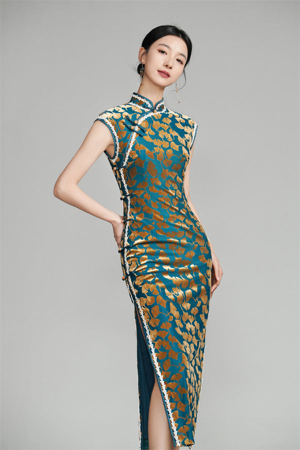 Velvet Ginkgo Leaf Floral Print Cheongsam Dress in Teal and Gold