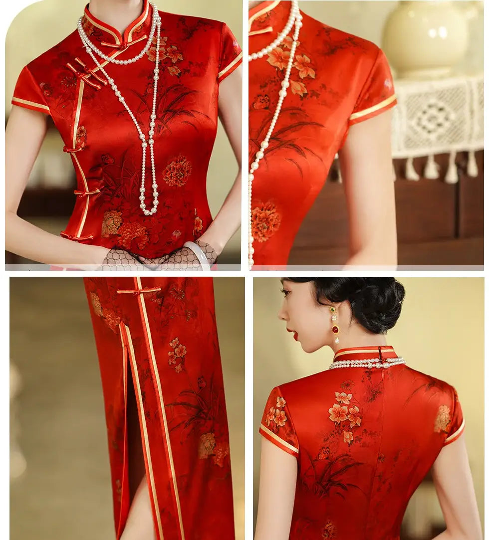 Vintage Foral Red Silk Qipao Cheongsam Dress  with floral patterns and pearl necklace, shown from multiple angles.