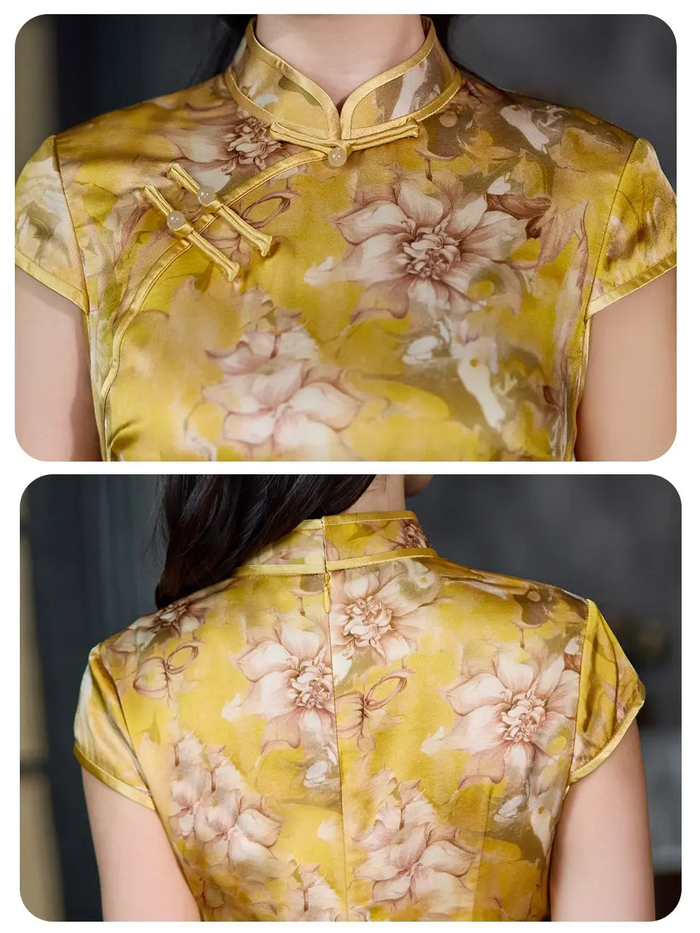 Yellow floral dress with a close-up of the neckline and back on a dark background