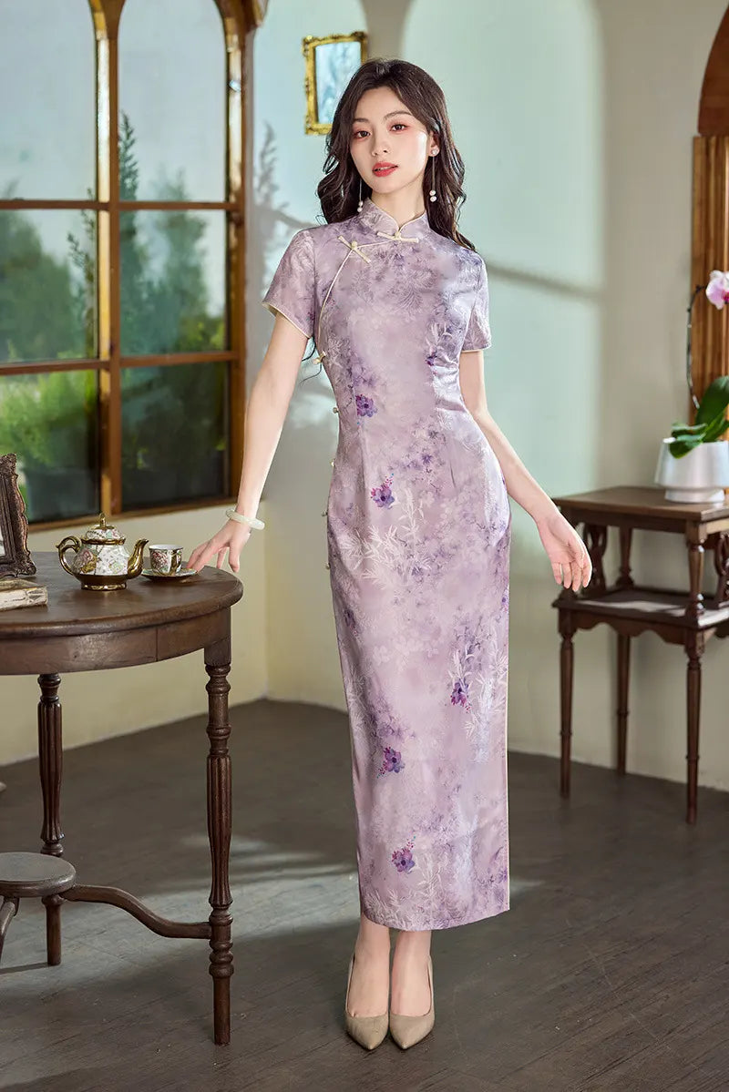 Vintage Lavender Floral Long Qipao cheongsam dress