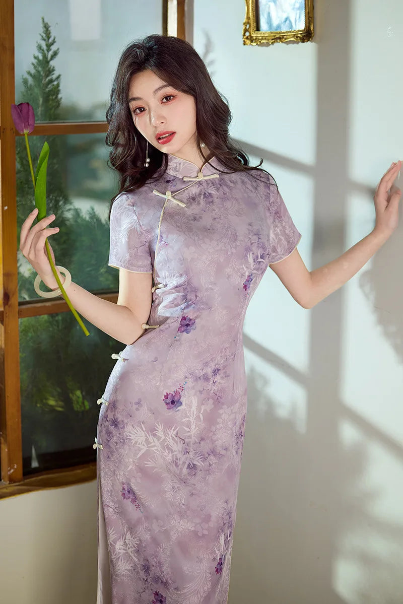 Vintage Lavender Floral Long Qipao cheongsam dress