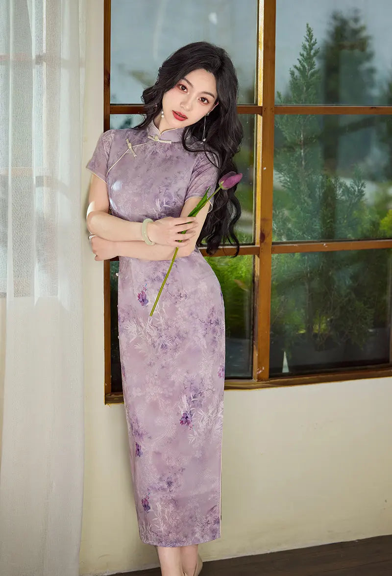Vintage Lavender Floral Long Qipao cheongsam dress 