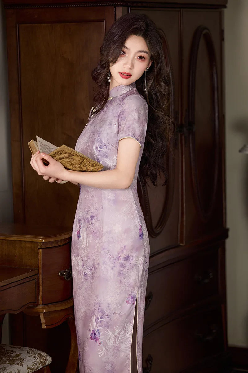 Vintage Lavender Floral Long Qipao cheongsam dress