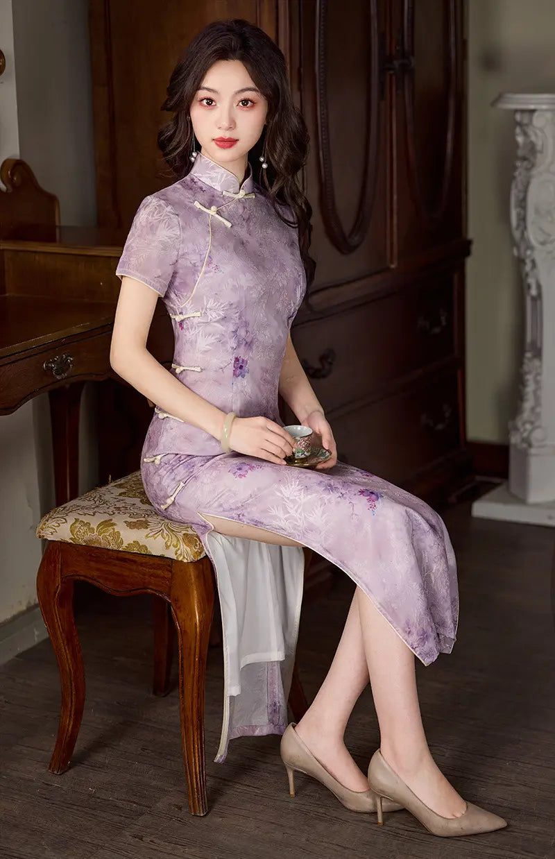 Vintage Lavender Floral Long Qipao cheongsam dress