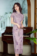 Vintage Lavender Floral Long cheongsam dress for special occasions.