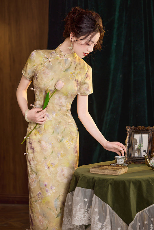 Vintage Muted Golden Floral Long Cheongsam dress