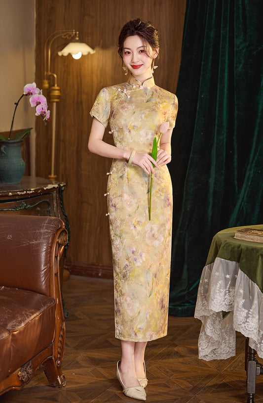 Vintage Muted Golden Floral Long Qipao
