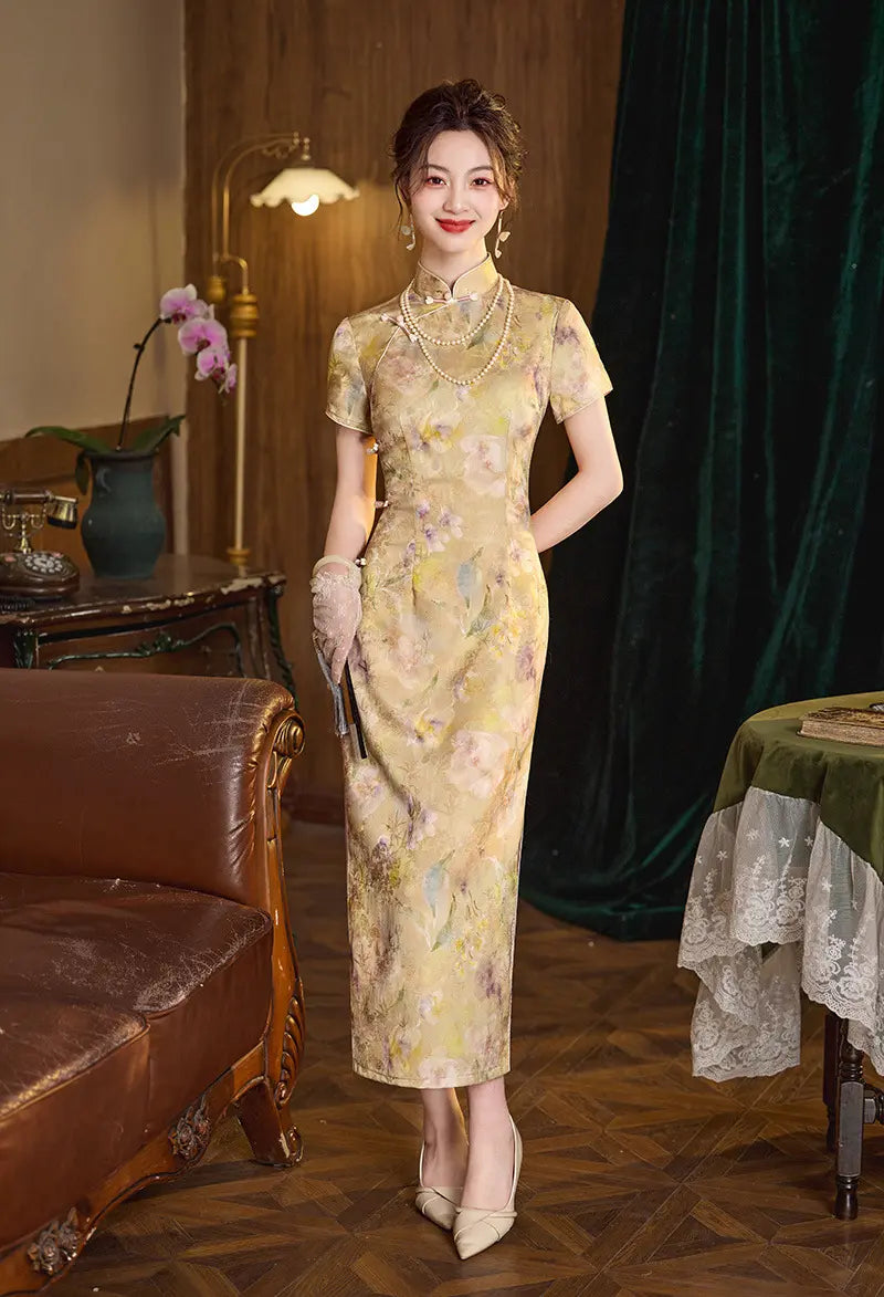 Vintage Muted Golden Floral Long Qipao Vintage Muted Golden Floral Long Qipao