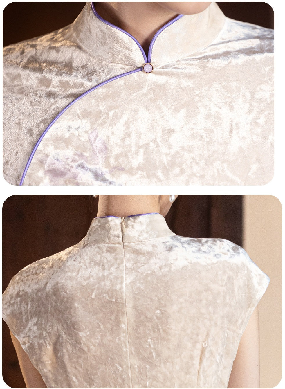 White Velvet Qipao Dress With Purple Daffodil Flower