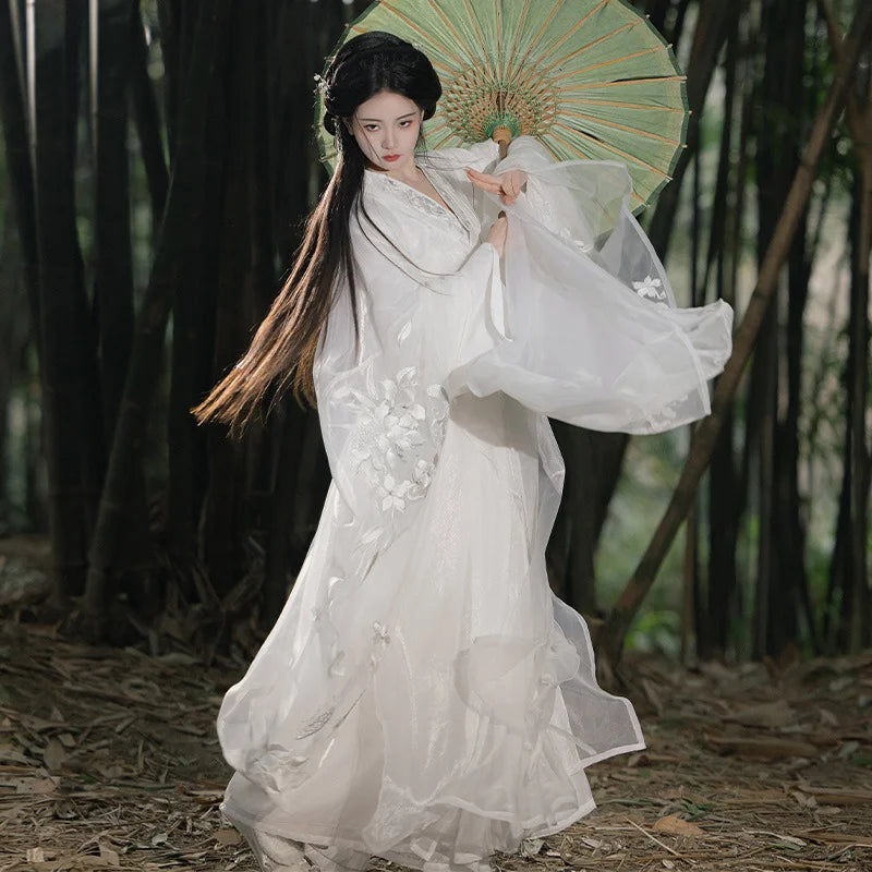 Woman in aWhite Flowing Song Dynasty Hanfu chinese traditional dress holding a parasol in a forest setting