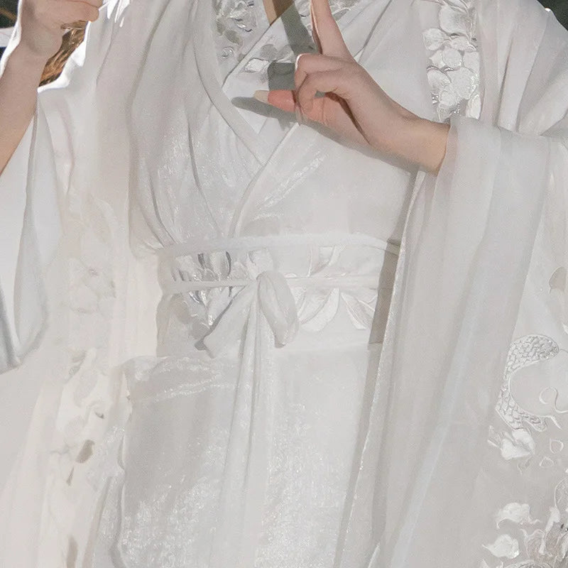 Close-up of a White Flowing Song Dynasty Hanfu Dress  with floral embroidery 