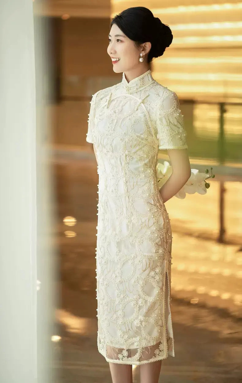 White Lace Cheongsam Qipao Dress with pearls