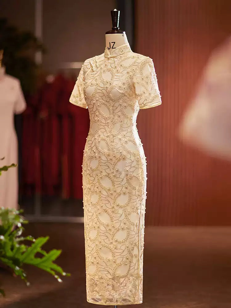 White Lace Cheongsam Qipao Dress with pearls