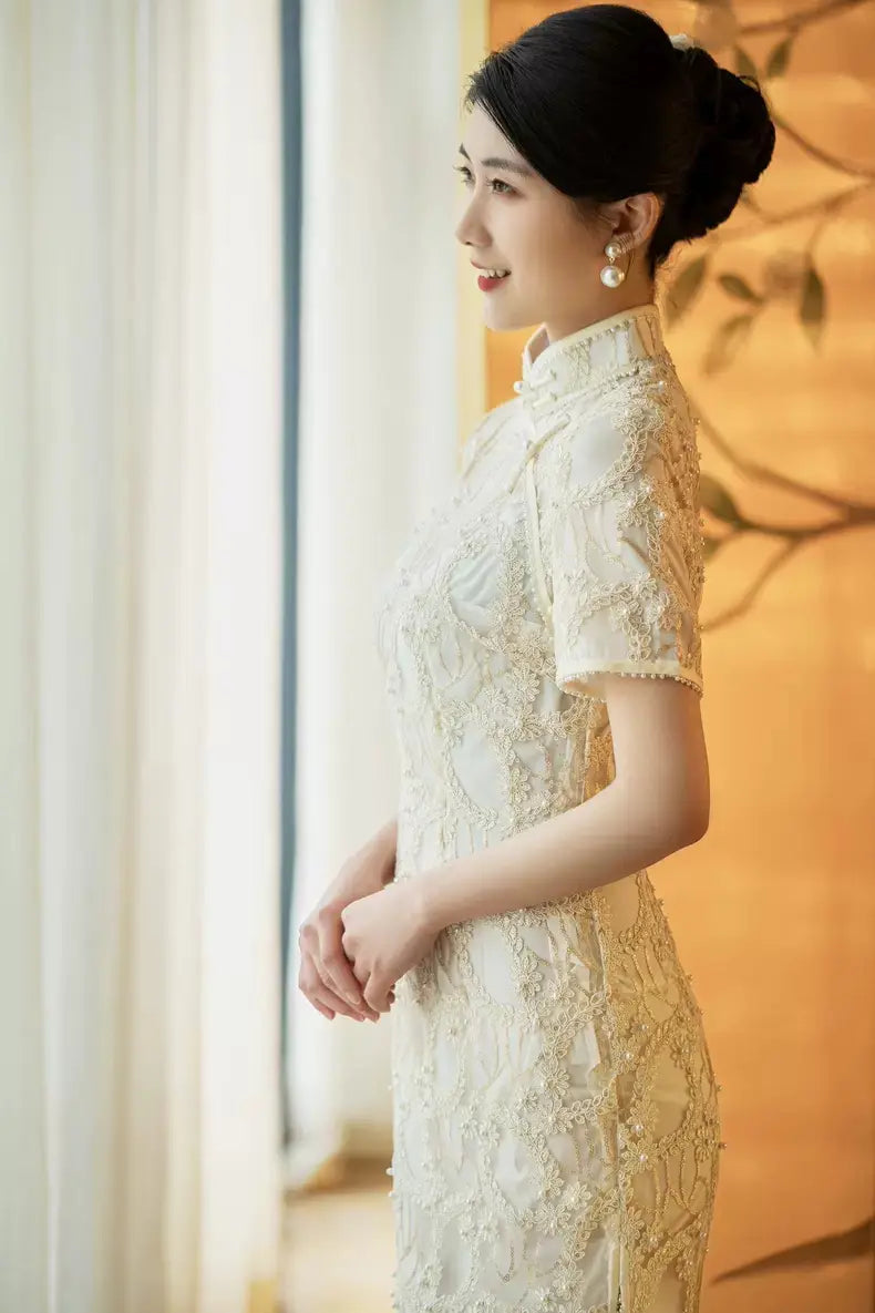 White Lace Cheongsam Qipao Dress with pearls