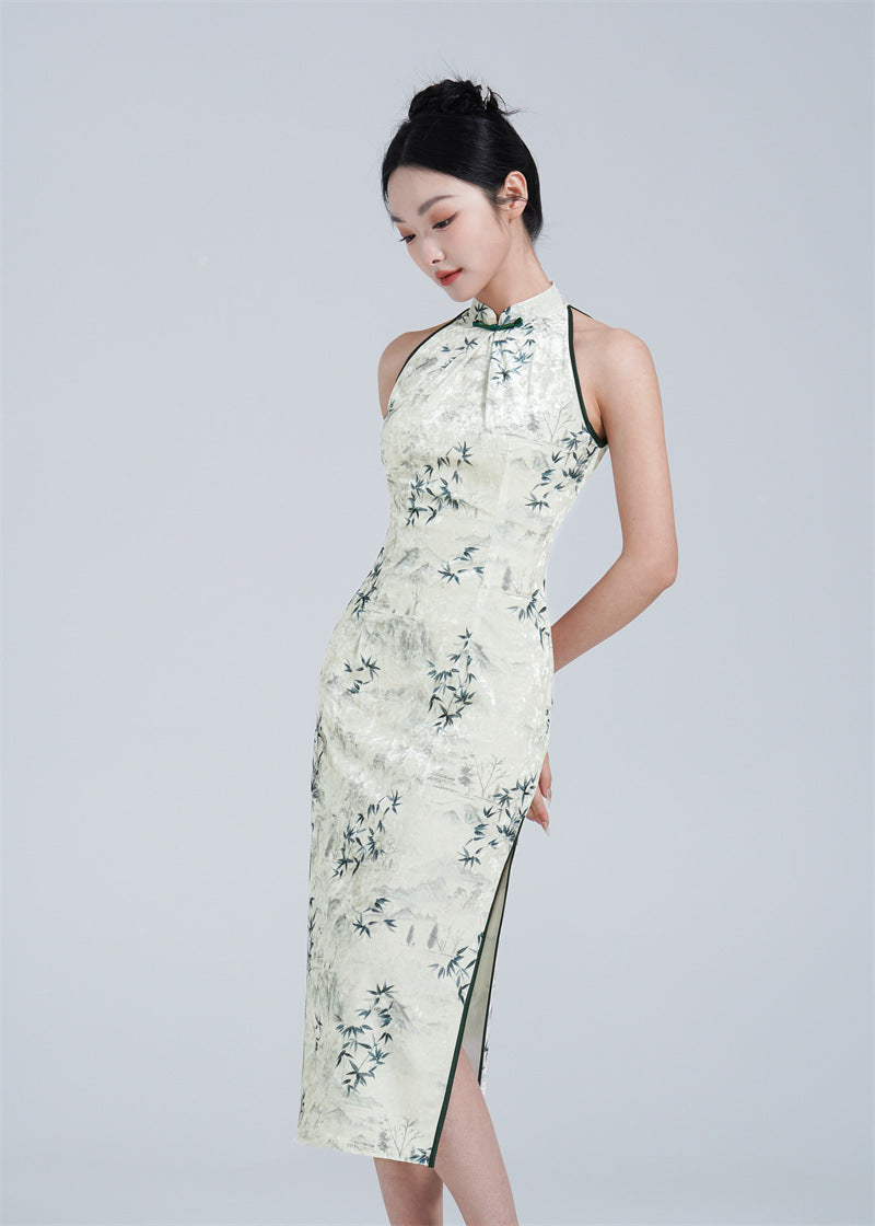 White and Green Halter Neck Velvet Qipao