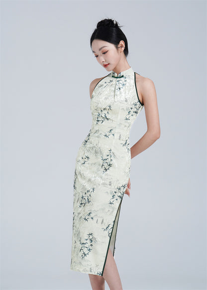 White and Green Halter Neck Velvet Qipao