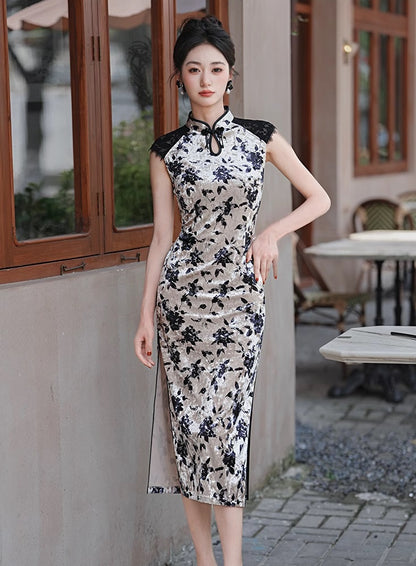 White Black Floral Sleeveless Velvet Qipao