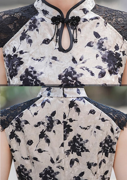 White Black Floral Sleeveless Velvet Qipao