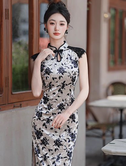 White Black Floral Sleeveless Velvet Qipao