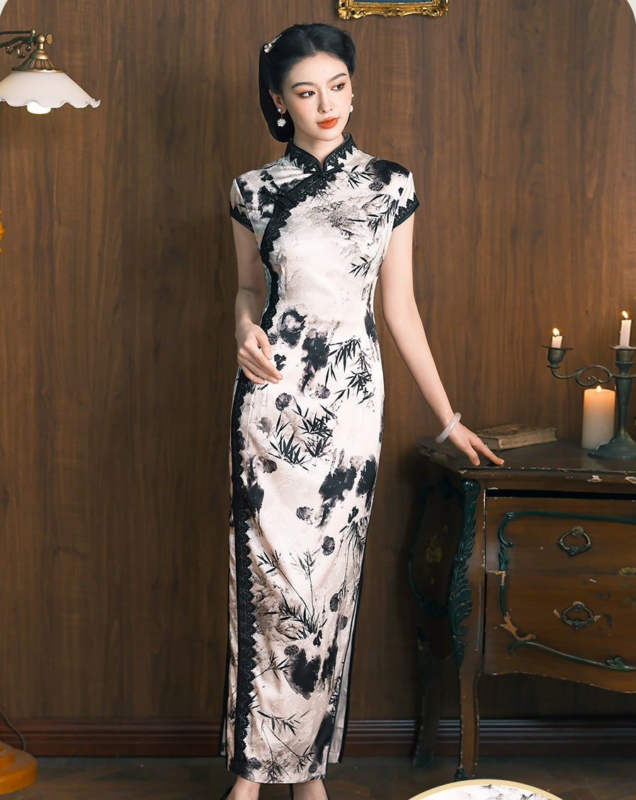 White Black Silk Qipao Dress