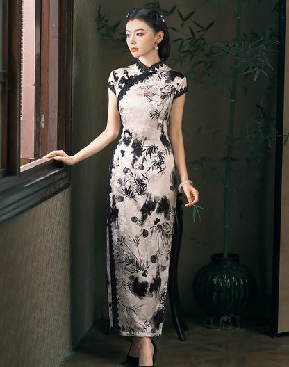 White Black Silk Qipao Dress