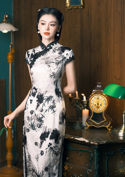 White Black Silk Qipao Dress