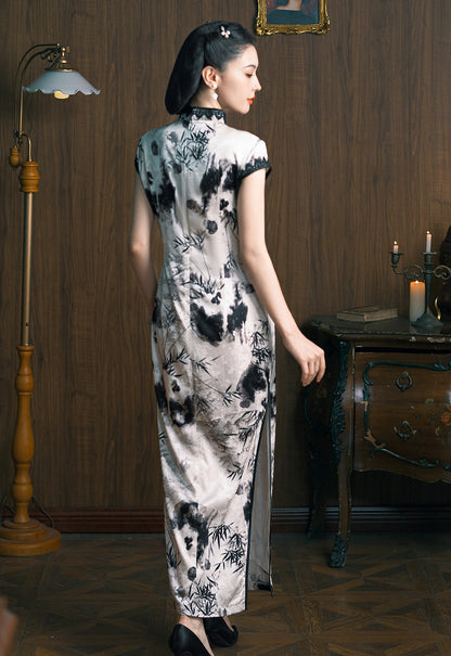 White Black Silk Qipao Dress